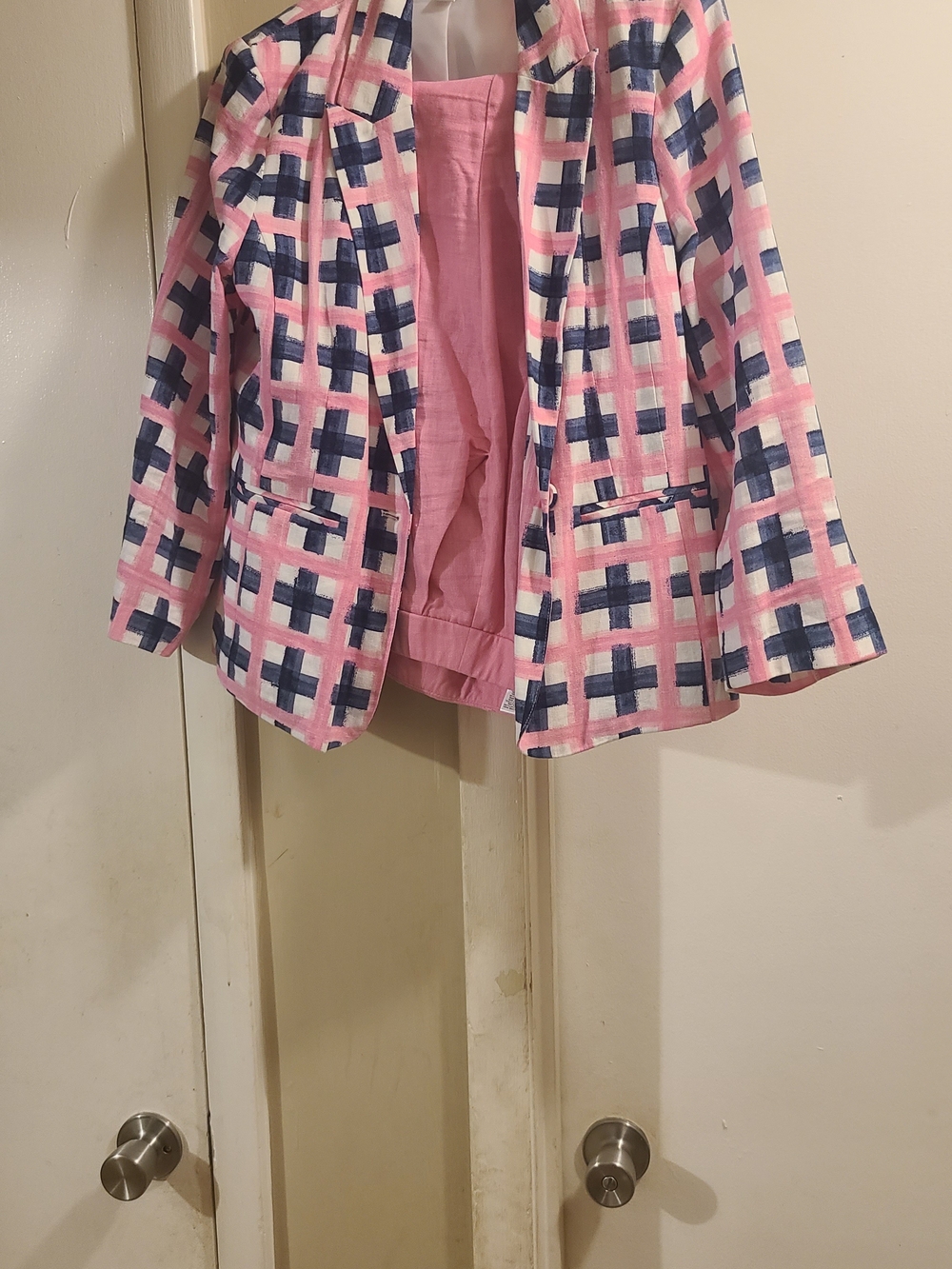 Cato Pink Plaid Blazer with Navy Accents